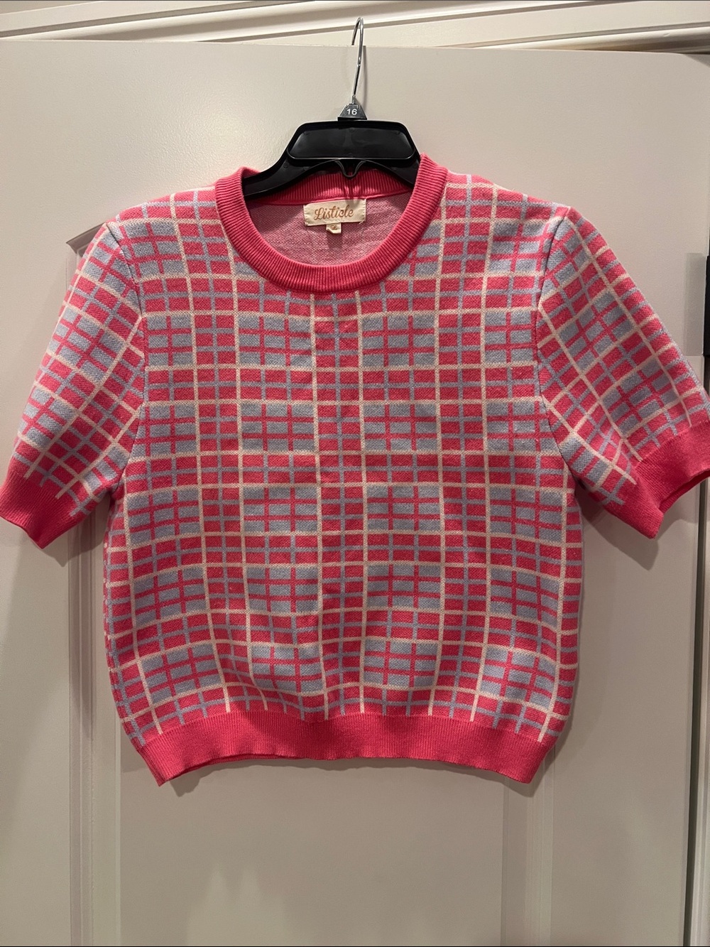 Boutique Listicle Pink and Light Blue Grid Knit Short Sleeve Sweater